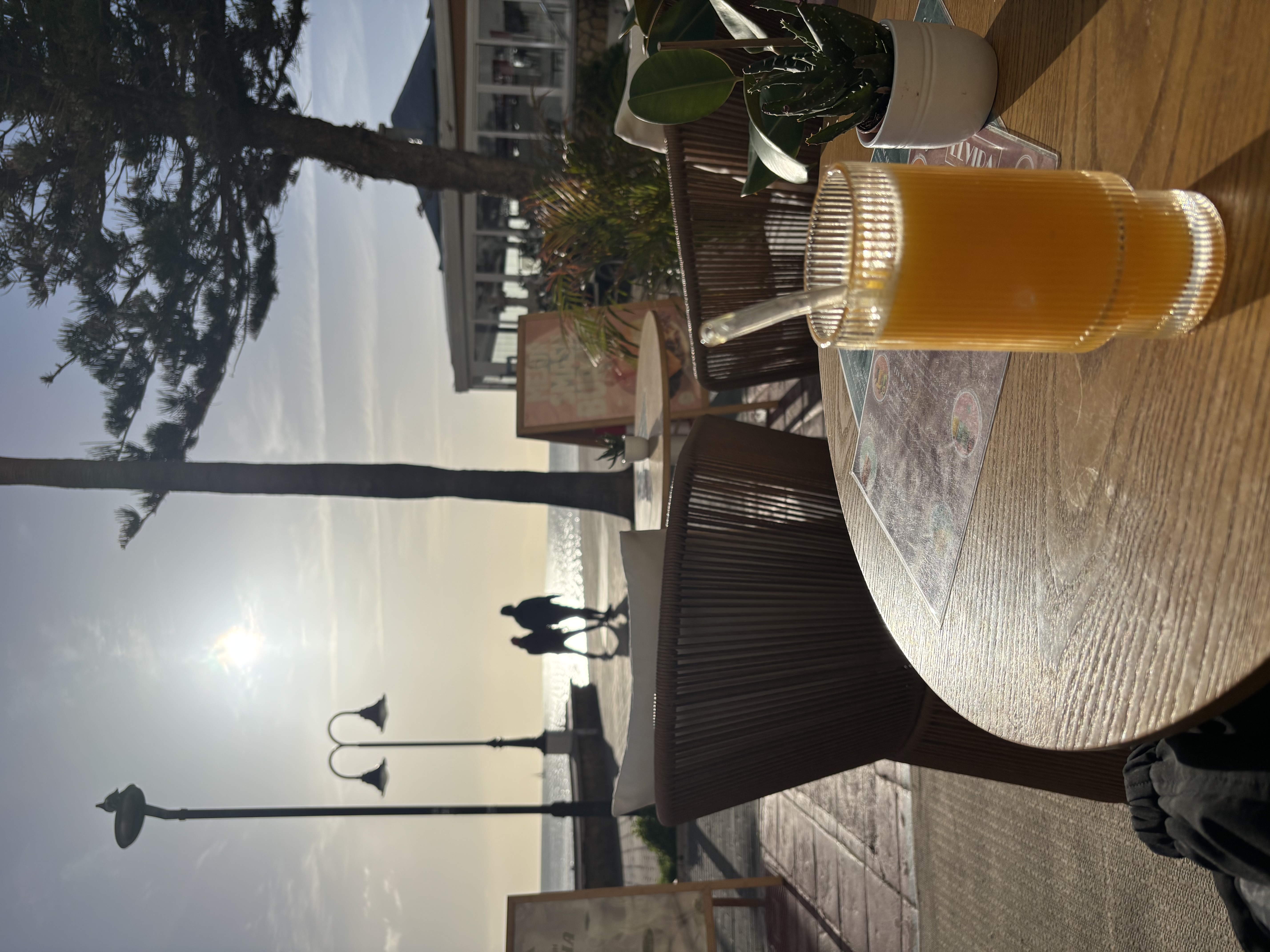 Morning at an outdoor café by the promenade in Málaga, orange juice and sea view