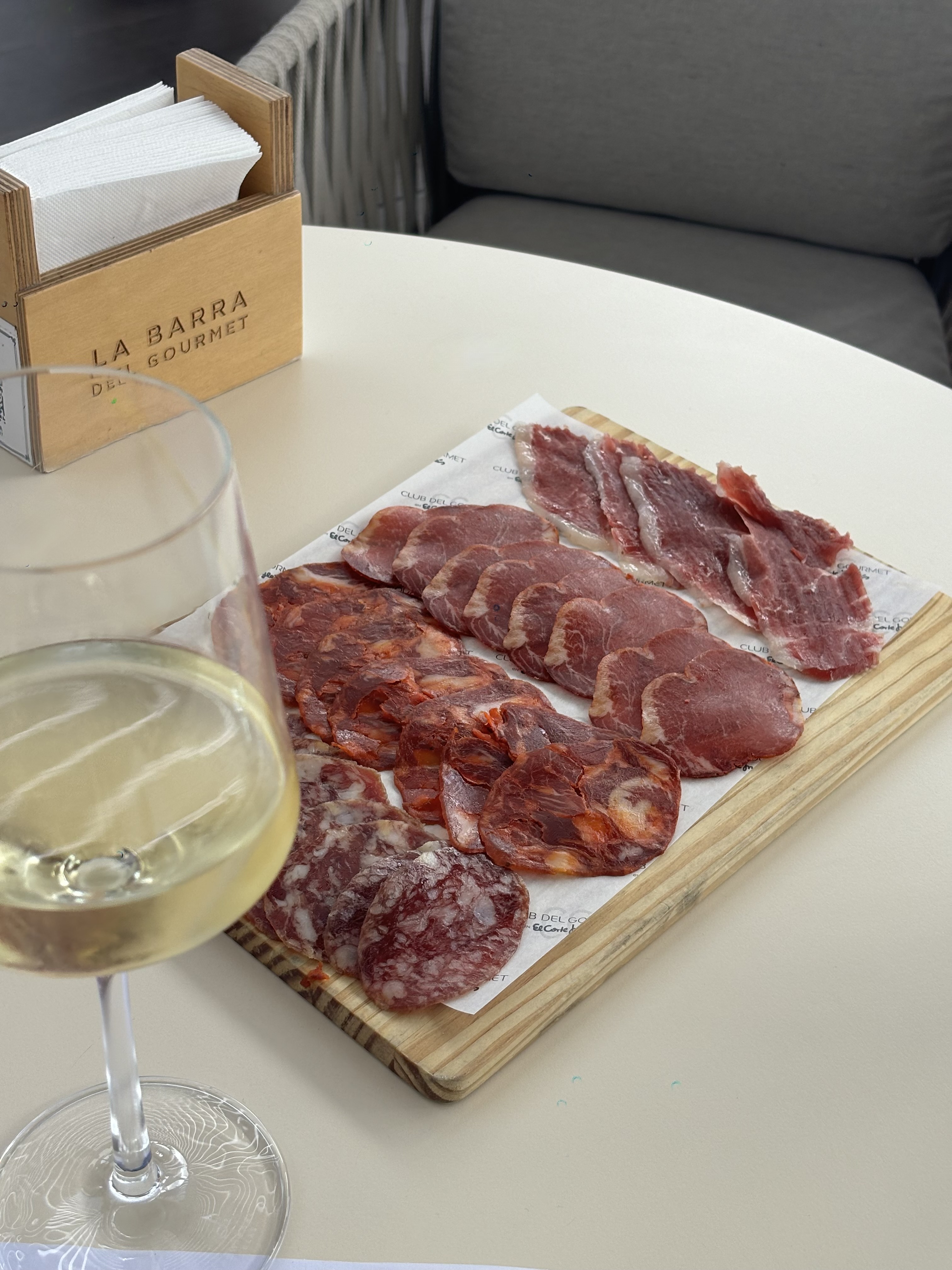 Cured meats and white wine at a relaxed lunch in Málaga