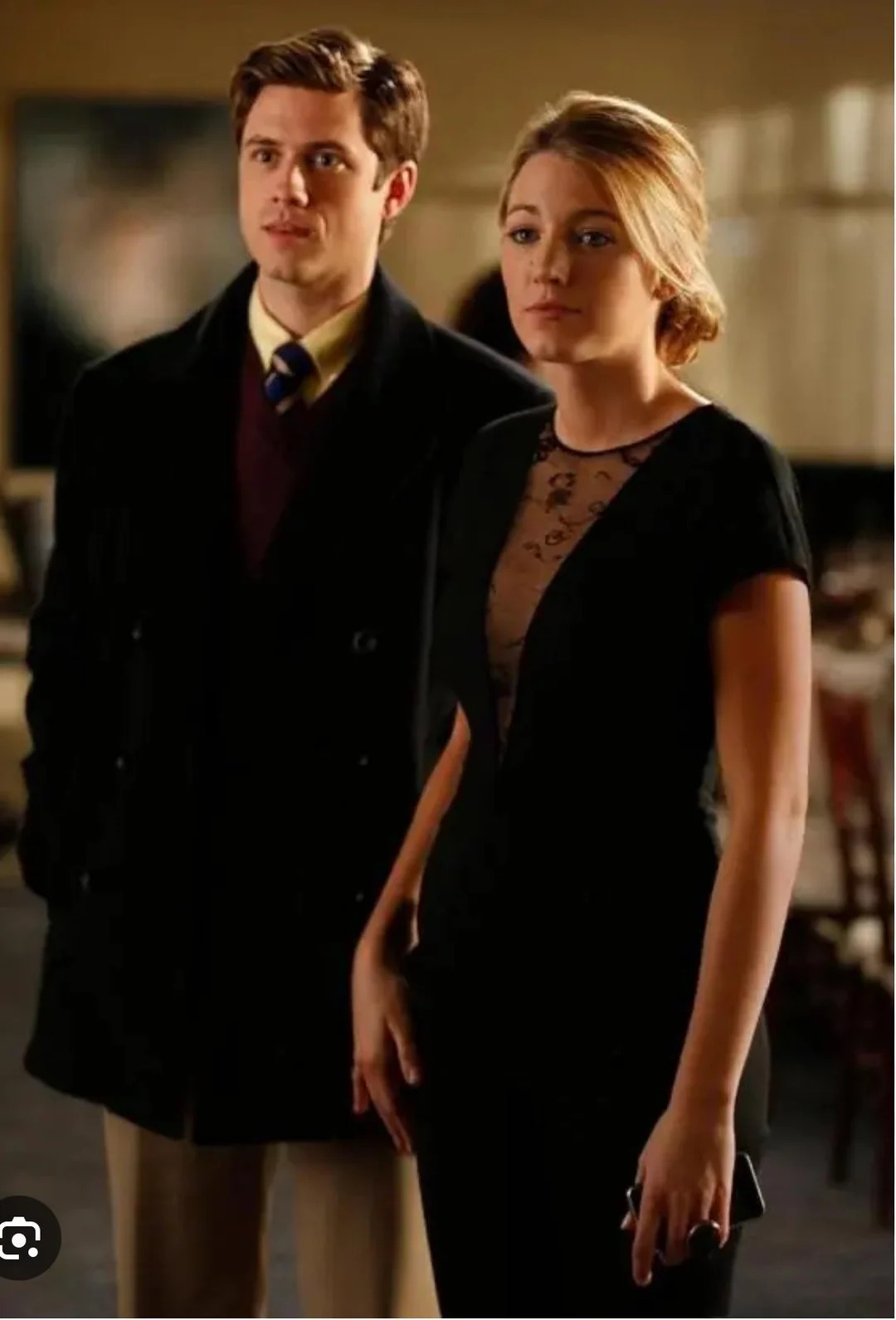 Serena van der Woodsen with Tripp Vanderbilt in a tailored black look