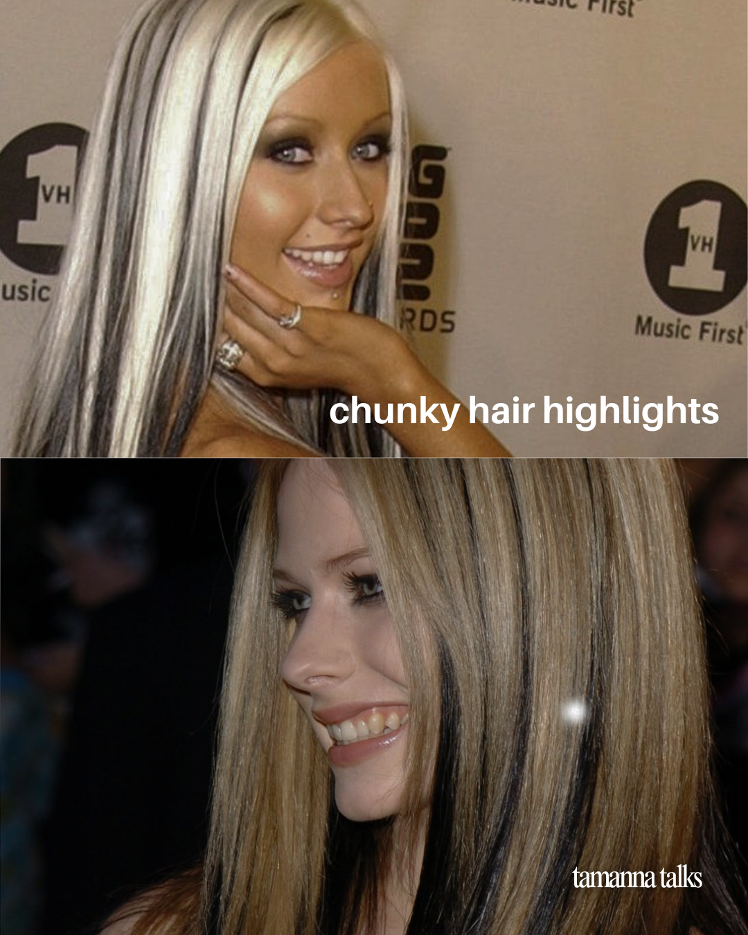 Comparison of chunky highlighted hairstyles associated with Y2K beauty trends